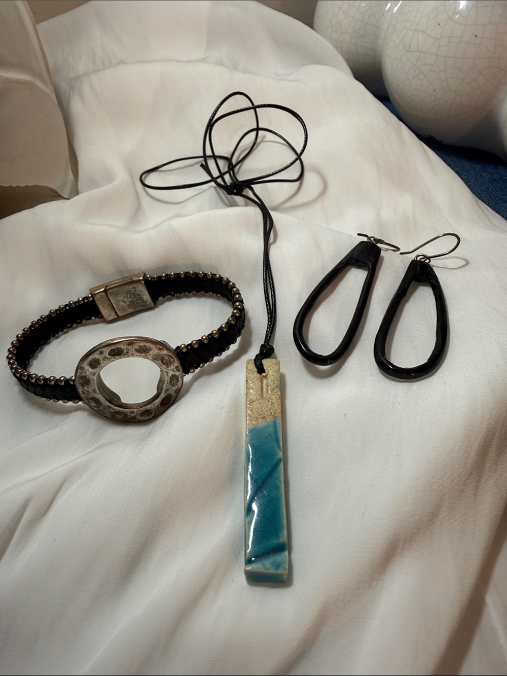 Handpainted in Portugal Blue Ceramic Pendant Necklace&Leather Bracelet&Earrings